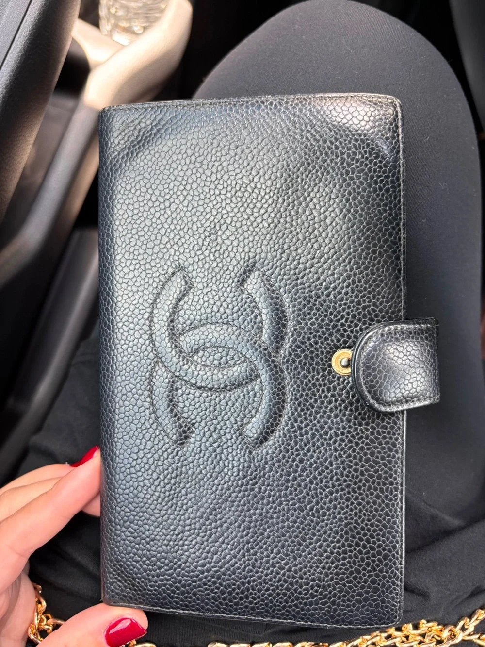 CHANEL Black Pebbled Leather Wallet Crossbody with Gold Chain
